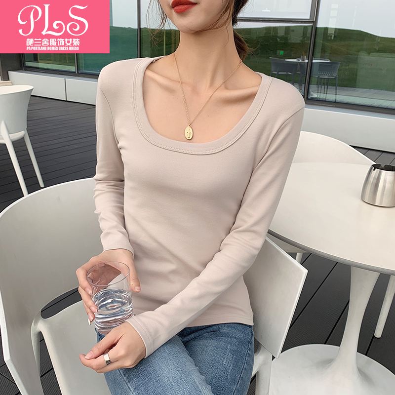 u领纯棉修身长袖体恤打底衫t恤
