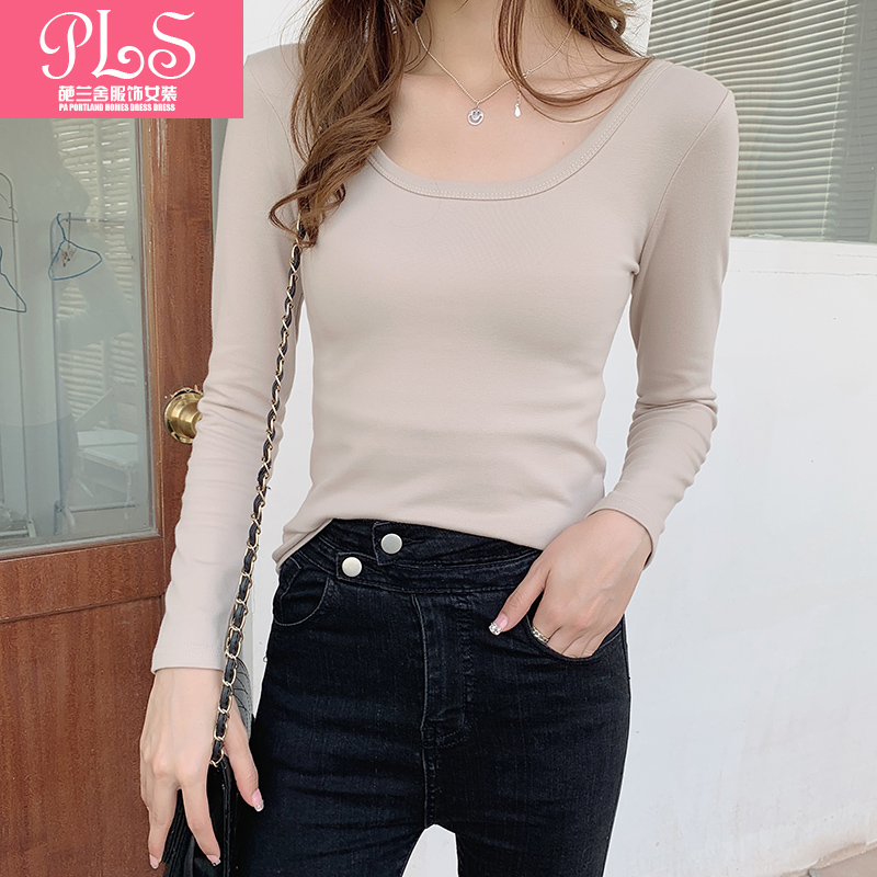 u领修身纯棉长袖体恤打底衫t恤