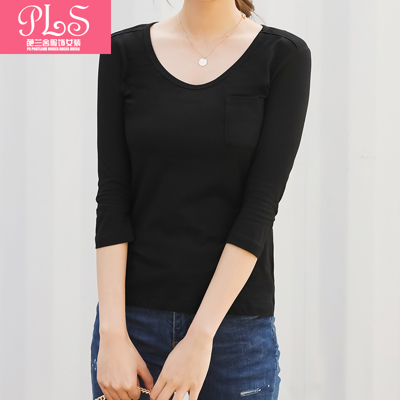 春秋新款韩版圆领修身中袖口袋装饰七分袖纯白纯色简约T恤打底女