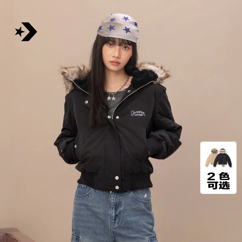 CONVERSE匡威官方冬季新品修身短款潮流毛领夹克外套女棉服WCK138