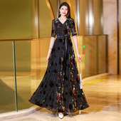 长款 连衣裙2025新款 气质优雅显瘦提花时尚 大摆高级感网纱植绒长裙
