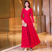 新款 高端精致蕾丝连衣裙红色女长款 2025秋季 收腰显瘦长裙奢华气质