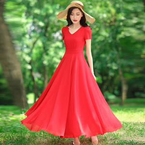 连衣裙女2026夏新款修身雪纺大摆红裙 V领气质长裙波西米亚沙滩裙