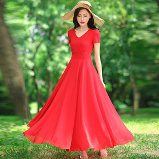 连衣裙女2026夏新款修身雪纺大摆红裙 V领气质长裙波西米亚沙滩裙
