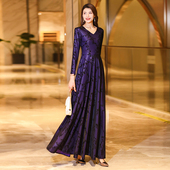 长袖 秋季 新款 连衣裙高端气质品牌收腰大摆端庄超长裙轻奢刺绣洒金