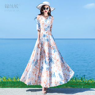 白色印花连衣裙女2025夏新款雪纺大摆裙超长款到脚裸长裙渡假裙子