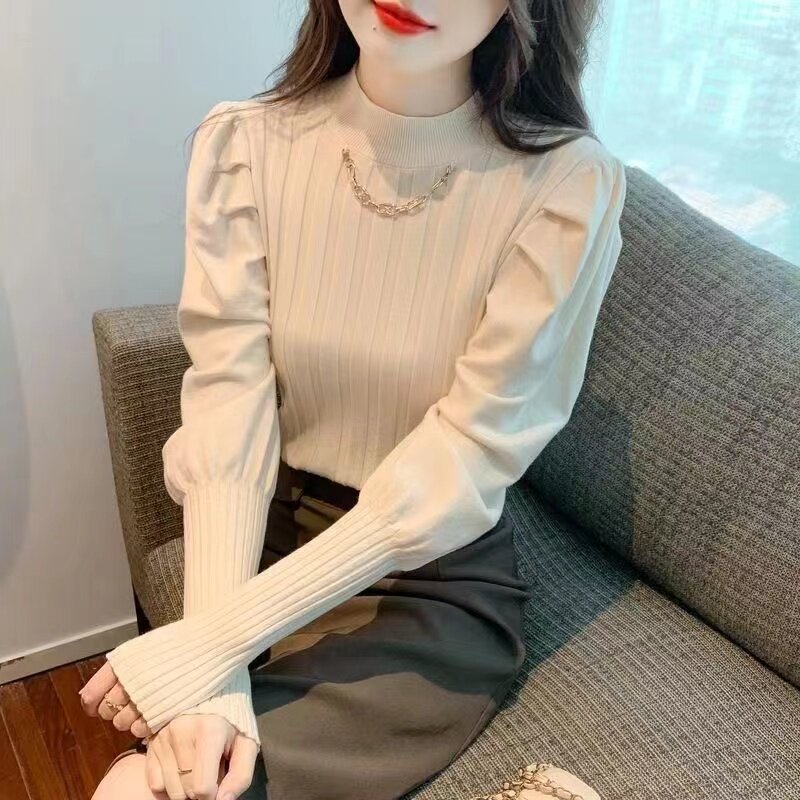 时尚链条半高领灯笼泡泡袖针织打底衫内搭毛衣女秋冬洋气内搭上衣