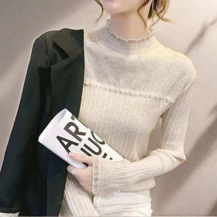 2024秋冬打底衫女保暖毛衣秋冬新款半高领加厚内搭洋气蕾丝针织衫
