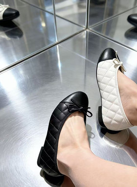 小香风菱格单鞋女灰色真皮2026春季法式复古蝴蝶结通勤粗跟平底鞋