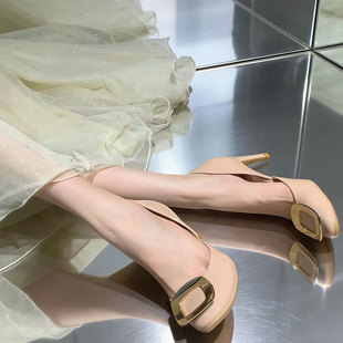 rv方扣中空高跟凉鞋女真皮2026春夏新款琮嫒同款名媛风不累脚单鞋