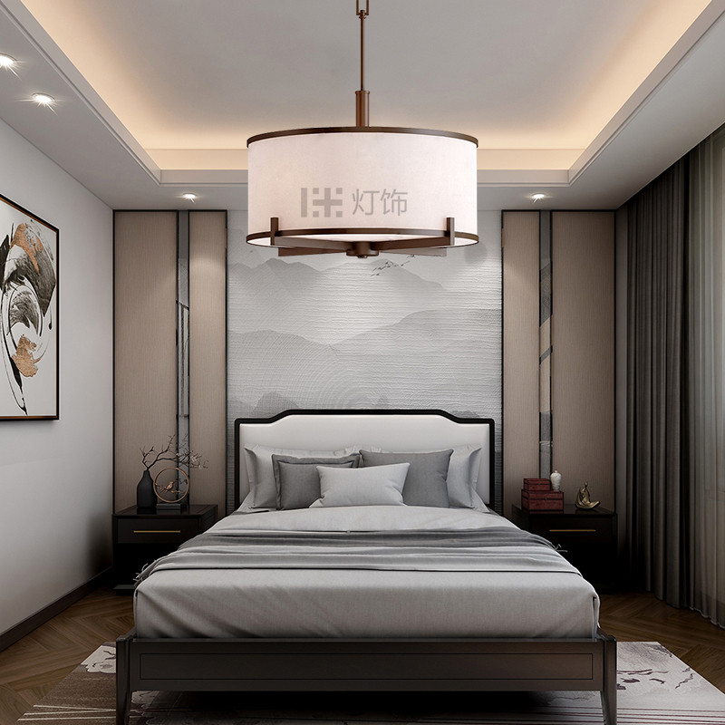新中式卧室书房圆形吊灯布艺别墅主卧样板房民宿客房灯酒店套房灯