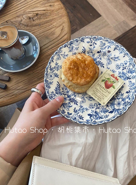 胡桃集市  英式复古蓝色花纹陶瓷盘甜品盘早餐盘水果盘蛋糕盘