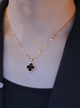 钛钢项链 小众网红毛衣链黑色经典四叶花项链女气质双面轻奢百搭