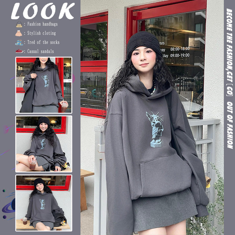 美式复古灰色连帽卫衣女