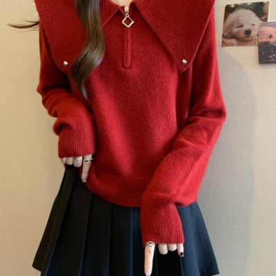 大码女装秋冬洋气减龄娃娃领针织衫毛衣胖mm高级感红色半拉链上衣