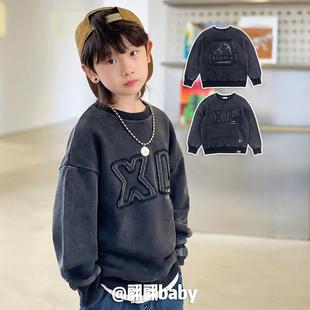 25春秋新款日系潮男儿童装做旧复古帅气圆领砂洗雪花灰色毛圈卫衣