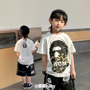 上衣迷彩印花白色百搭休闲纯棉短袖 日系潮男儿童装 T恤 新款 25夏季