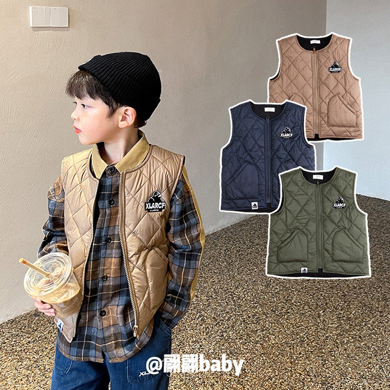 清仓 秋冬季日系潮牌男儿中童上装宽松百搭拉链夹棉坎肩背心马甲