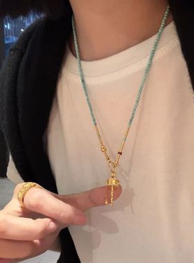 金店同款福项链女复古2025转动经轮串珠蓝色石新中式锁骨链轻奢