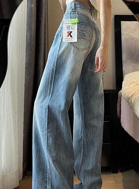 美式高街宽松直筒牛仔裤女小个子设计感水洗蓝色高腰显瘦阔腿裤子