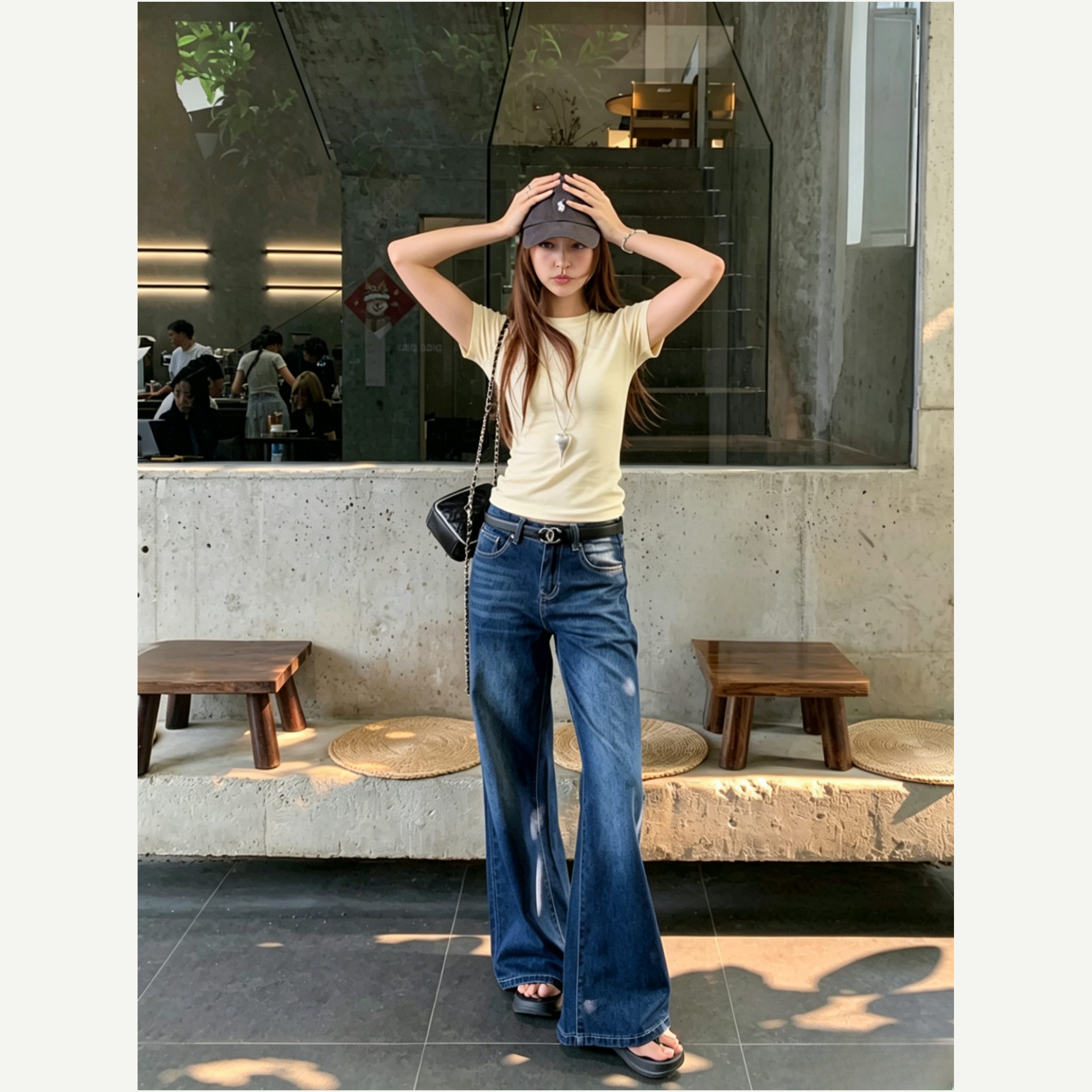 不易掉色赛络纺蓝色微喇牛仔裤女春夏低腰修身显瘦做旧长裤阔腿裤