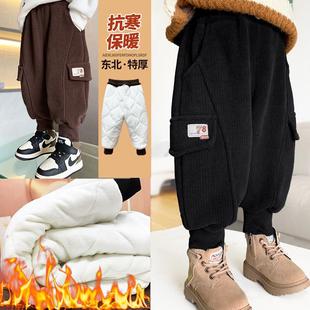 儿童棉裤东北三层加绒加厚男童灯芯绒夹棉工装裤宝宝保暖一条过冬
