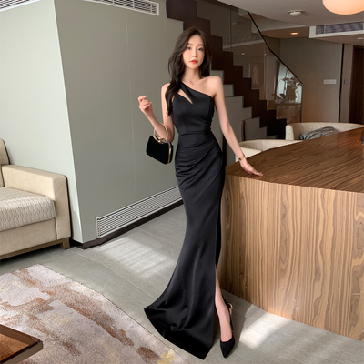 晚礼服女2025新款高级感轻奢小众斜肩连衣裙性感开叉鱼尾长裙气质