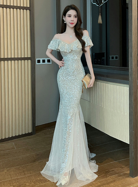 亮片晚礼服裙高端轻奢小众一字肩主持人年会连衣裙鱼尾高级感艺考