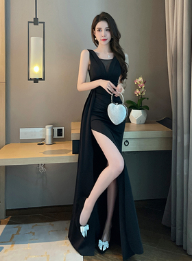 宴会气质名嫒晚礼服开叉鱼尾裙2025新款修身显瘦黑色深v主持走秀
