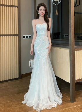 抹胸晚礼服裙女轻奢小众高端生日成人礼宴会主持气质白色亮片鱼尾