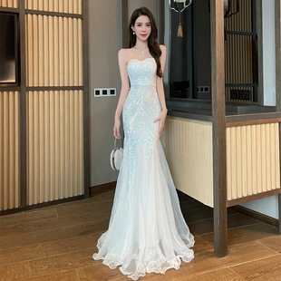 抹胸晚礼服裙女轻奢小众高端生日成人礼宴会主持气质白色亮片鱼尾