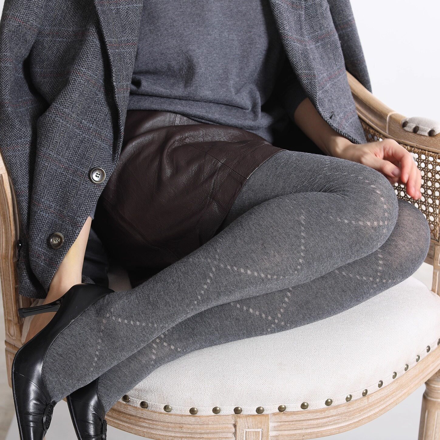 薄透棉连裤袜镂空菱格纹秋冬直角跟不勒氛围感格雷灰miu系打底袜