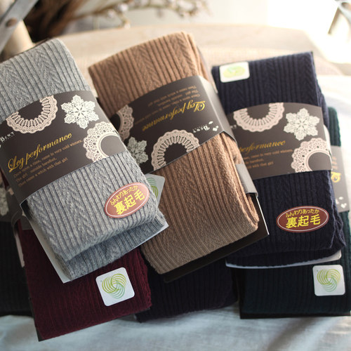 羊毛薄绒保暖麻花连裤袜直角跟