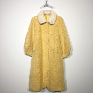 西树系列 D86321 长款水貂毛领仿貂毛毛呢外套品牌女装折扣