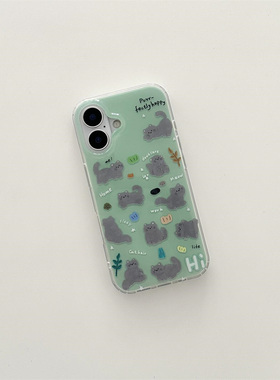 DGP 小众韩国卡通可爱插画灰色小猫咪适用于iPhone16promax手机壳14苹果15pro硬壳新款女超火小红书防摔双层