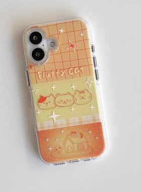 韩国可爱格子猫咪橙色插画适用iphone16pro手机壳苹果17新款15创意14pro女17超火15promax防摔保护套小红书