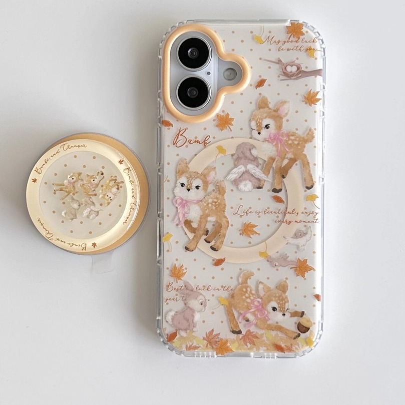 韩国波点枫叶梅花鹿磁吸支架适用iphone16pro手机壳苹果17新款15创意14pro女17超火15promax防摔保护套小红书