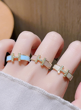 H字母戒指女珐琅滴釉轻奢高级感开口戒指独特指环小众设计可调节