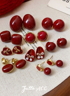 安可拉红色耳饰圆形爱心耳环复古耳圈耳钉耳饰秋冬小众轻奢养耳洞