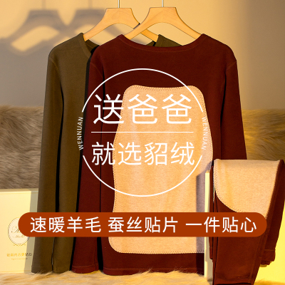 貂绒蚕丝贴片发热保暖内衣男士送爸爸加厚羊毛打底秋衣秋裤中老年