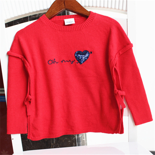 包邮 法单 女童大红毛衣 两边开叉系带 设计款套头针织衫
