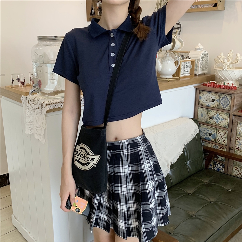 泫雅风古着感少女心机t恤小众显瘦港味Polo网红短款露脐上衣ins潮