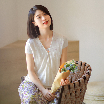 北京瓷片复古文艺短袖针织套头衫