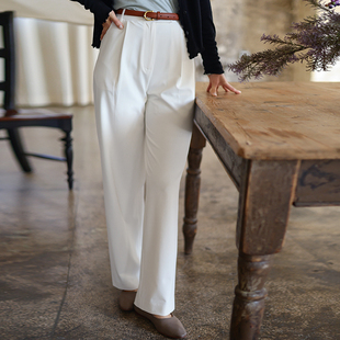 G25C-037【月色徘徊】瓷片高端复古文艺四面弹驼色白色直筒裤