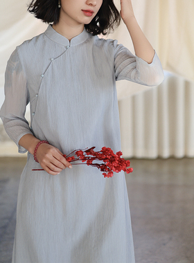 G25C-031【芙蓉浦】瓷片高端复古文艺铜氨丝蓝色轻中式连衣裙