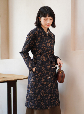 G21Q-009【凉夜秋蕊】瓷片高端文艺翻领提花长款系带风衣