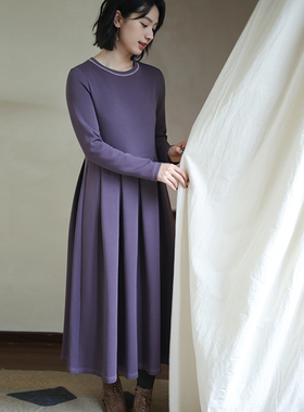 G25D-030【庭际】北京瓷片高端复古文艺莫代尔针织紫色长款连衣裙