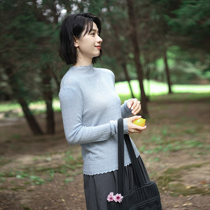 G25M-021【飞花雪】北京瓷片高端复古文艺乱针工艺半高领打底衫