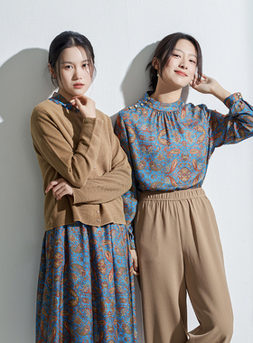 G24Q-038【江上秋风】瓷片高端复古文艺驼色黑色松紧腰直筒裤