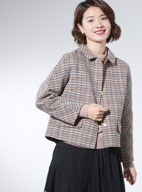 G18Q-005【日复日】瓷片高端复古文艺小翻领短款毛呢格子外套